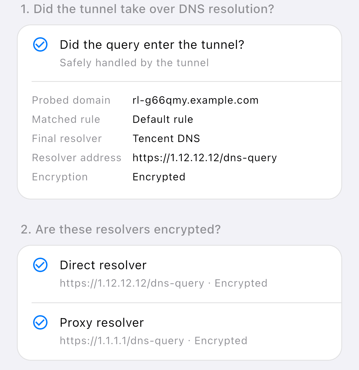 DNS leak test report: tunnel takeover status and resolver encryption status