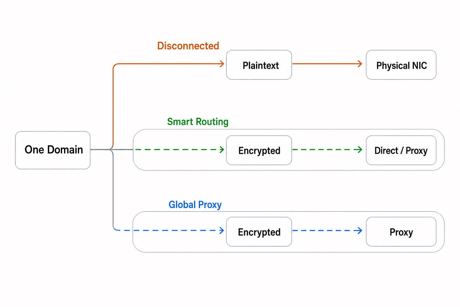 One domain takes three different paths — not connected, smart routing, and global proxy
